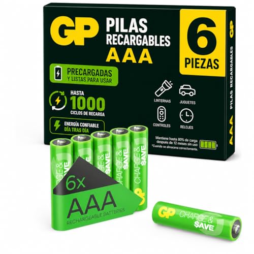 GP Pilas Recargables AAA Batteries, Paquete de 6 Pilas – Alta Capacidad, Larga Duración, Alto Rendimiento – Baterías Recargables AAA Ideales para Juguetes, Controladores, Mandos, Adornos de Navidad