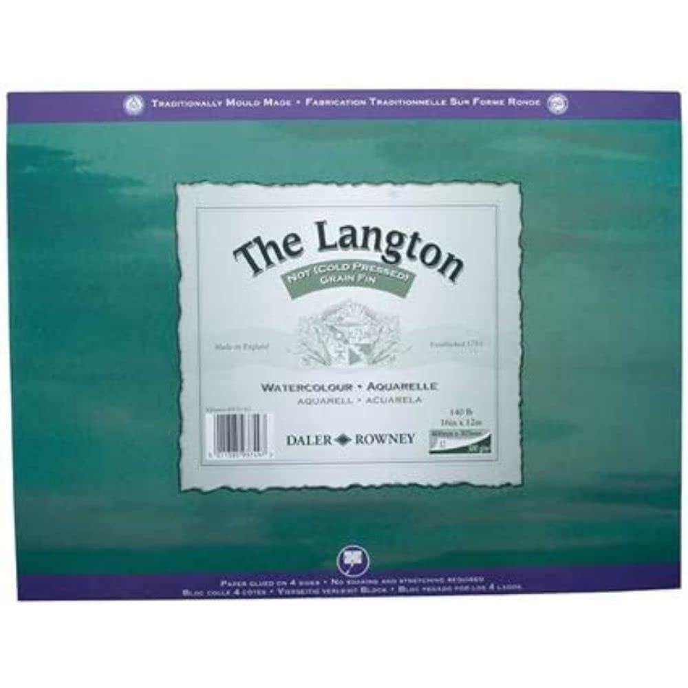 Daler-Rowney The Langton Watercolour Paper, Cold Pressed, 300 gsm, 140lb, Pad, Glued 4 Sides, 14 x 10in - 35.6 x 25.4 cm, Natural White, 12 Sheets