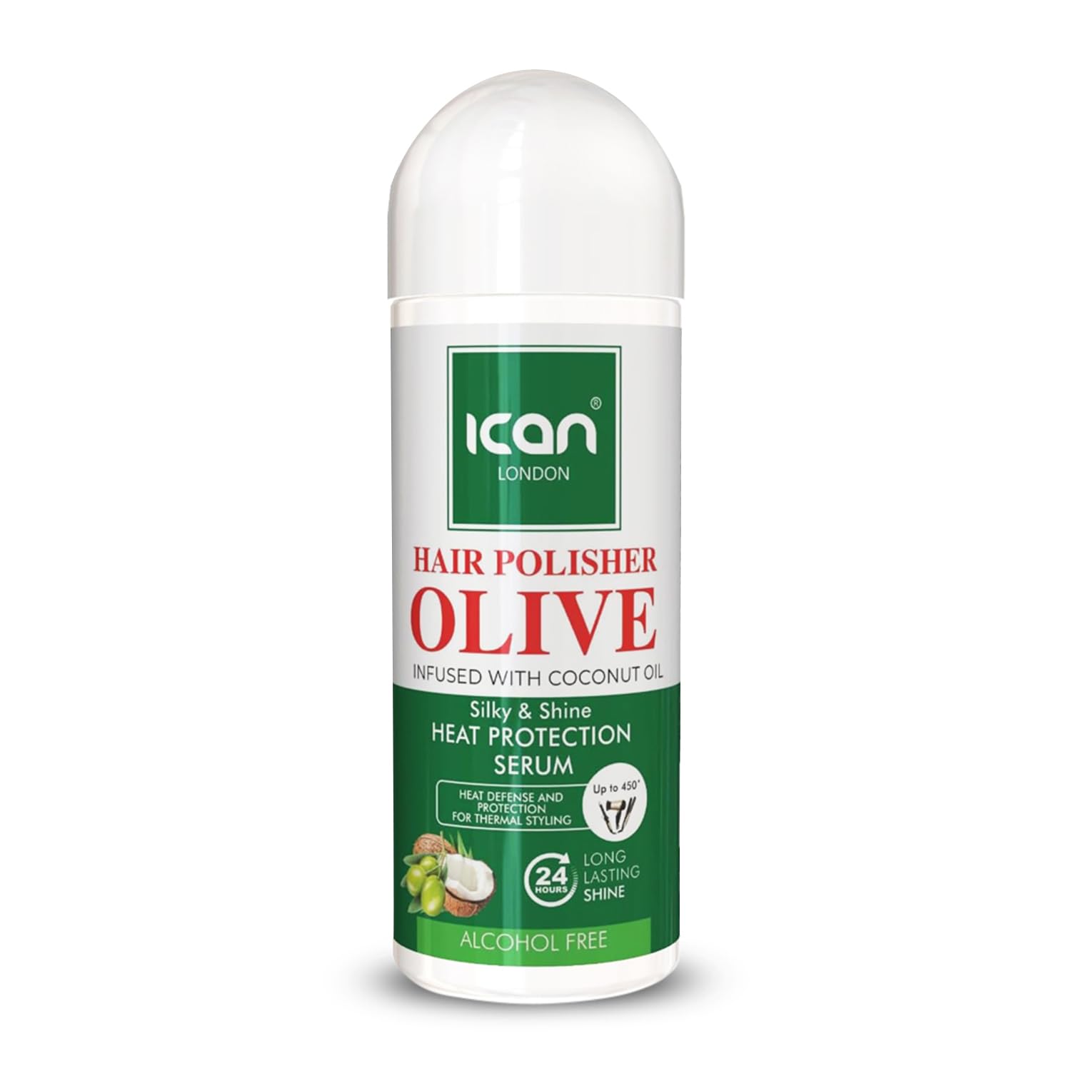 ican London Hair Polisher Olive Oil Infused With Coconut Oil Heat protection Serum Alcohol Free 207ml