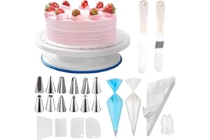 71PCs Cake Decorating Kit - Rotating Cake Stand with Non Slip pad-7 Piping Tips & 20 Bags-Straight & Offset Spatula-3 Scraper