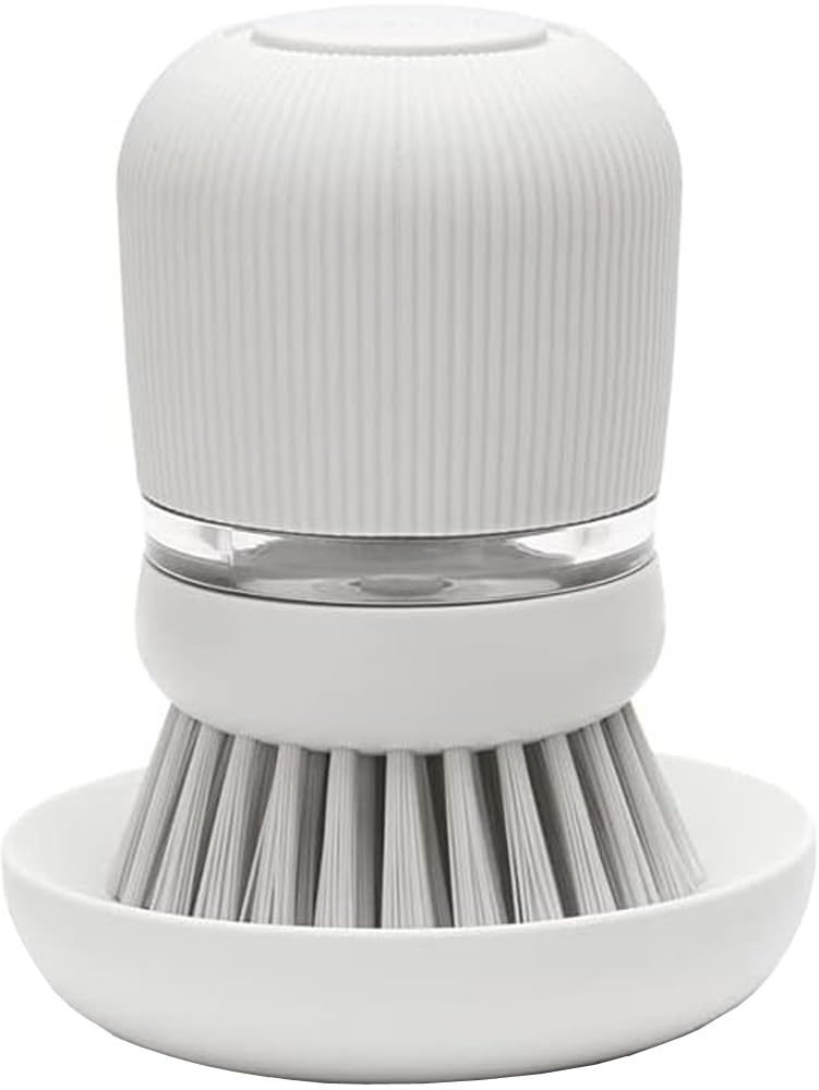 Brabantia Refillable Soap Dispensing Washing Up Brush (Light Grey) Secure Grip Palm Brush with Storage Tray