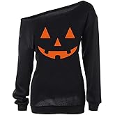 Dutebare Women Halloween Off Shoulder Sweatshirt Slouchy Witch Shirt Long Sleeve Pullover Tops