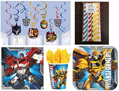 Transformers Birthday Party Supplies Kit, Includes Plates, Napkins, Cups, Hanging Swirls and ElevenPlus2 straws
