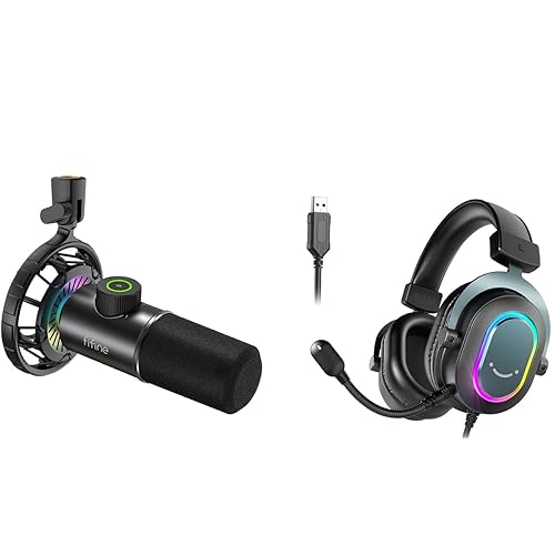 FIFINE USB Dynamic Microphone and Gaming Headset, RGB Cardioid Gaming  Computer Mic with Headphone Jack, Wired Headphones with Surround Sound  for
