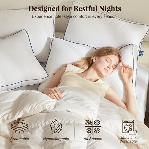 Cosybay Goose Feather and Down Pillows Queen Size Set of 2, Luxury Hotel Collection Bed Pillows for Sleeping, 600 Thread Count Cover, Gusseted Design, Medium Firm, Soft Support, White, 20x30 Inch