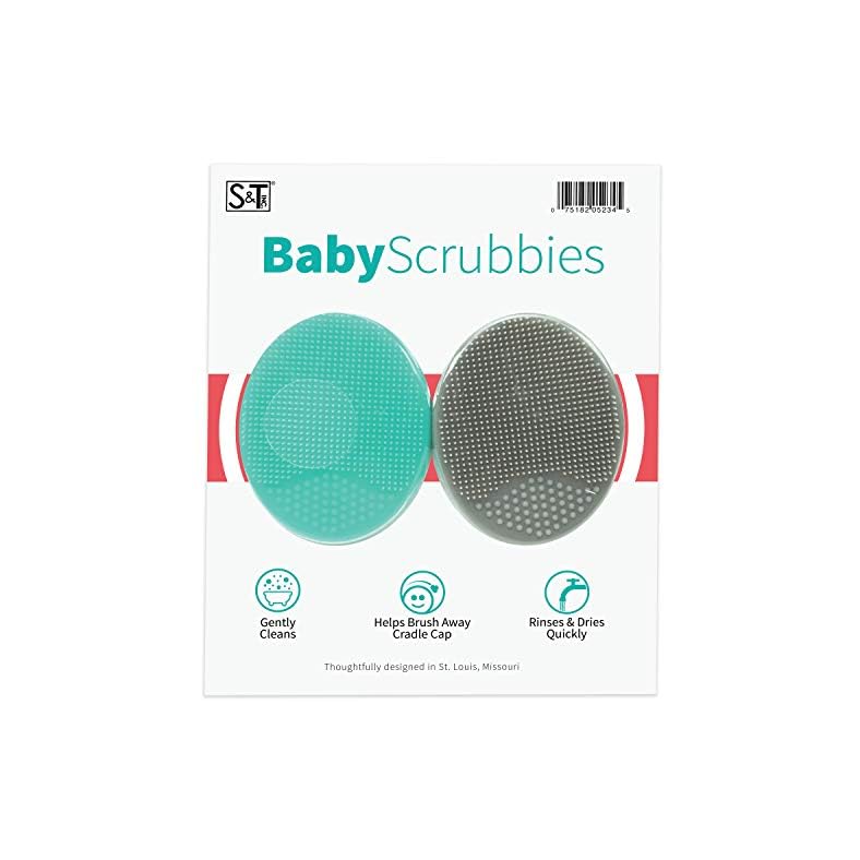 S&T INC. Exfoliating and Massaging Cradle Cap Bath Brushes for Baby, Silicone – 2 Inch x 2.5 Inch, Grey and Teal, 2 Pack