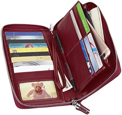 Women RFID Blocking Wallet Genuine Leather Zip Around Clutch Large Travel Purse Wine-Red