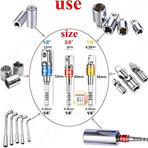 105° Right Angle Drill Attachment Bit Extension 1/4-inch Hex Drive Drill Bit Power Socket Screwdriver Set Holder Adaptor+3Pcs 1/4" 3/8" 1/2"Hex Shank Impact Grade Driver Socket Adapter Drill Bit Set