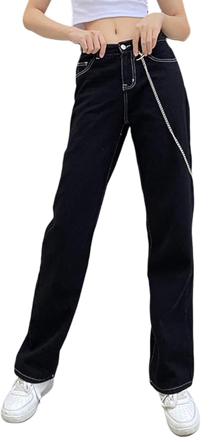 Buy Women's High Waist Side Pocket Baggy Jeans Relaxed Fit Straight Wide Leg Denim Cargo Pants 