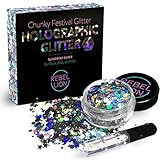 Cosmetic Glitter For Face, Body and Hair - Chunky Silver Holographic Glitter Mix - Versatile Festival Accessories, Rave Glitter and Beauty Makeup - Includes Long Lasting Fix Gel So You Can Shimmer Str