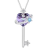 MOPOPOK Key Pendant Necklace 925 Sterling Silver Purple Crystal Heart/Four Leaf Clover Love Key Necklace Jewelry Gifts for Women Wife Mom Birthday Mother's Day