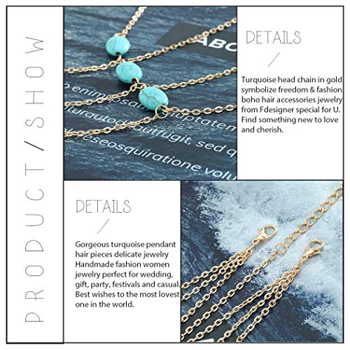 Fdesigner Boho Turquoise Head Chain Fashion Headdress Bride Head Piece Hair Jewelry for Women and Girls(Gold)