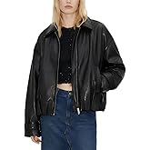 VKXJA Oversized Faux Leather Bomber Jacket for Women – Zip-Up Aviator Flight Coat, Relaxed Fit Streetwear Outerwear