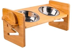 PECCI Elevated Cat Food and Water Bowl Set with Stand - Bamboo Raised Tilted Feeding Bowls for Kittens and Small Dogs with 2 Stainless Steel Dishes
