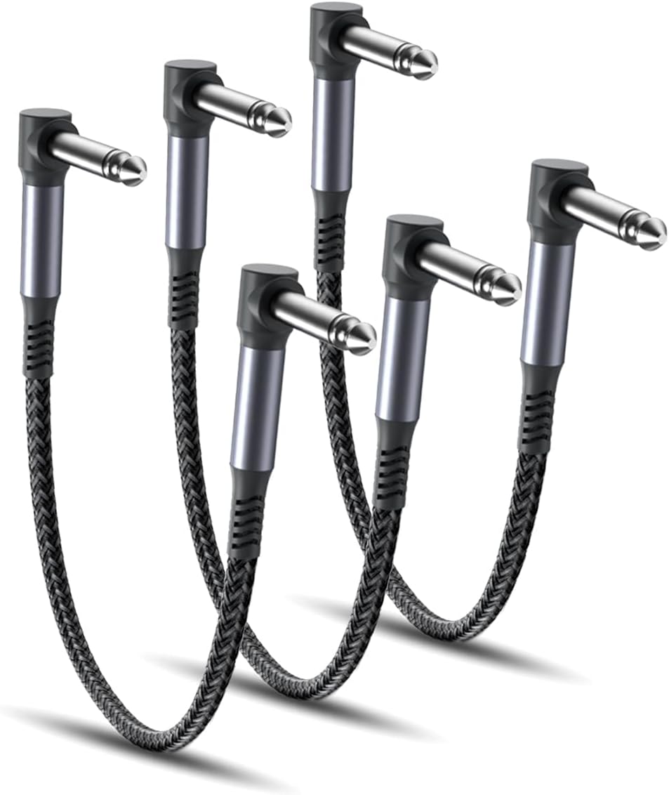 RUXELY 15cm Patch Cables 3-Pack 1/4 Inch Nylon Braided Right-Angle TS Copper