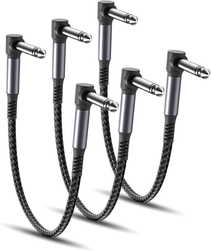 RUXELY 15cm Patch Cables 3-Pack 1/4 Inch Nylon Braided Right-Angle TS Copper