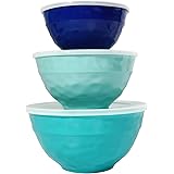 TP Mixing Bowl Set with Lids, 6-Piece Melamine Nesting Bowls Set for Pasta Baking Salad Mixing, Set of 3, Coastal Blue