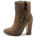 Ollio Women's Shoe Faux Suede Back Zip Up Stacked High Heel Tassel Ankle Boots