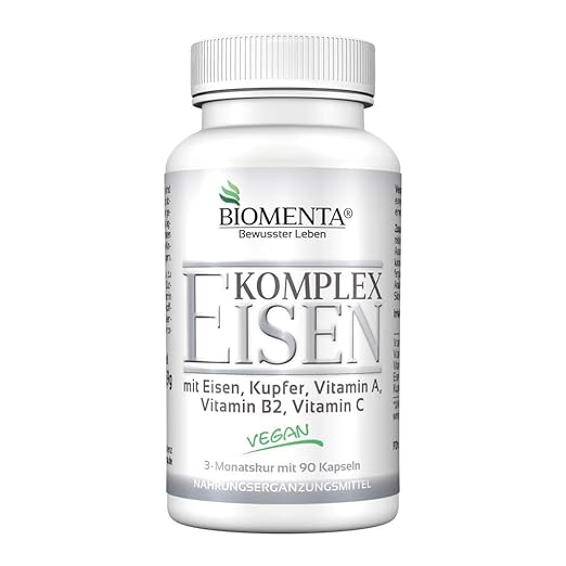 BIOMENTA EISEN KOMPLEX | AKTION!!! | mit 14 mg EISEN HOCHDOSIERT + KUPFER + VITAMIN A + VITAMIN C + VITAMIN B2 | 3 Monatskur 