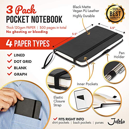 Pocket Notebook (3-Pack) Lined 120gsm, Small 3.5" x 5.5" Mini Note Pad, Black Tiny Hardcover Notebook with Pen Holder, Field Journal Notes, Memo Pad, Pockets, Thick Ruled/Lined Paper - Thumbnail 3