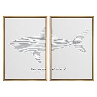 SIGNWIN Framed Wall Art Print Set Great White Shark Horizontal Lineart Duotone Animals Sealife Illustrations Modern Art Decorative Elements for Living Room, Bedroom, Office - 16
