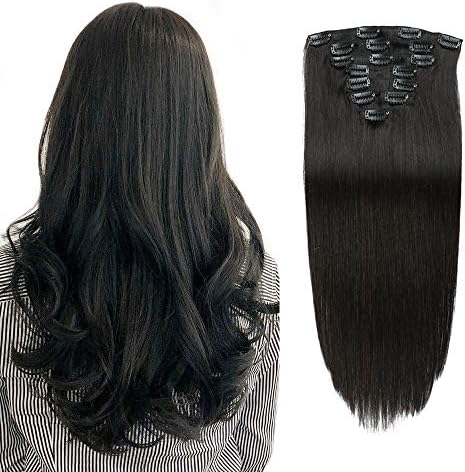 Real Remy Thick Clip in Human Hair Extensions Double Weft Straight Natural Black for African American Full Head Soft Brazilian Virgin Hair Clip ins for Black Women 14Inches 8Pieces 100g