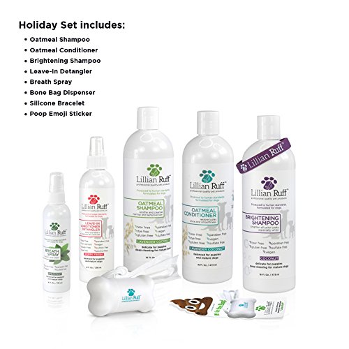 Gift Set for Pet Lovers by Lillian Ruff - Variety Pack of Shampoo, Conditioner, Detangler Spray, Breath Spray and Dog Poop Bag Dispenser - Unique Idea for Men and Women (6 Piece Set)