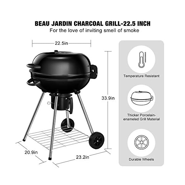 BEAU-JARDIN-225-Inch-Charcoal-Grill-with-Large-Cooking-Grate-Heavy-Duty-BBQ-Grill-Charcoal-Portable-Premium-Kettle-Grill-with-Warming-Grate-Outdoor-Camping-Picnic-Round-Standing-Barbecue-Grills