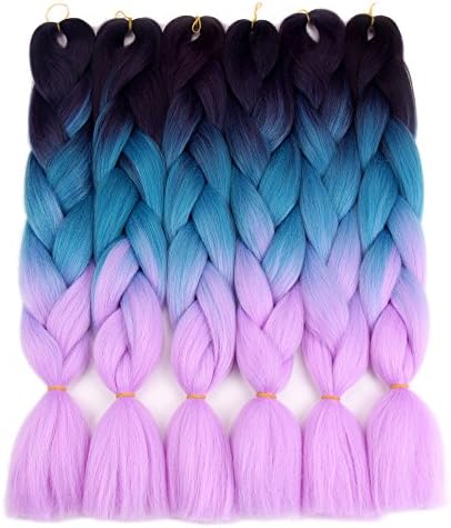 Ombre Kanekalon Braiding Hair Crochet Braids 24Inch 100g/Pcs 6Pcs/Lot Synthetic Jumbo Braid Hair Extensions (24 Inch, Purple-Lake blue-Light purple)
