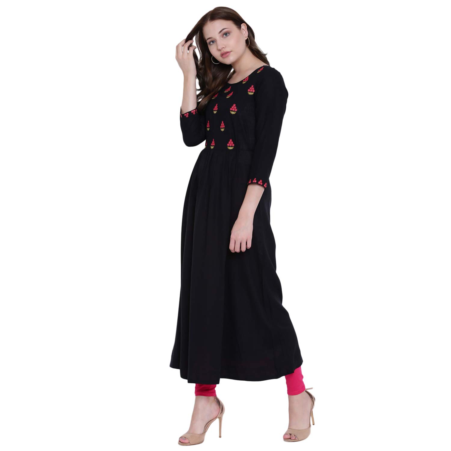 gulmohar jaipur women's rayon slub a-line kurti (black)