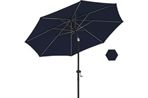 wikiwiki 9 FT Patio Umbrellas Outdoor Table Market Umbrella with Push Button Tilt/Crank, 8 Sturdy Ribs, Fade Resistant Waterproof POLYESTER DTY Canopy for Garden, Lawn, Deck, Backyard & Pool, Navy blue