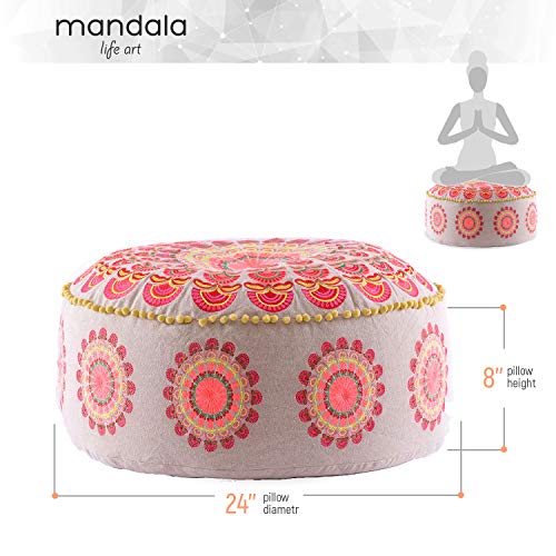Mandala Life ART Bohemian Yoga Decor Pouf Ottoman - 24x8 inches - Stuffed with Premium Filler - Round Red Mediation Pillow - Cotton Floor Cushion