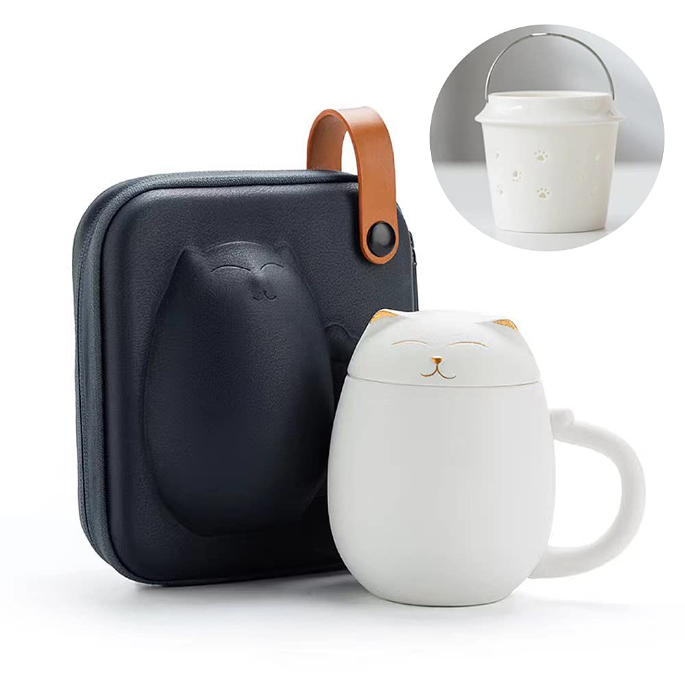 Entonic Cat Mugs with Infuser and Lid, Cute Tea Cups Kawaii Mug in Ceramic for Steeping Loose Leaf, Handmade Porcelain Teacup Teapot for Home Office, Portable Shatterproof Case 350ML (White)