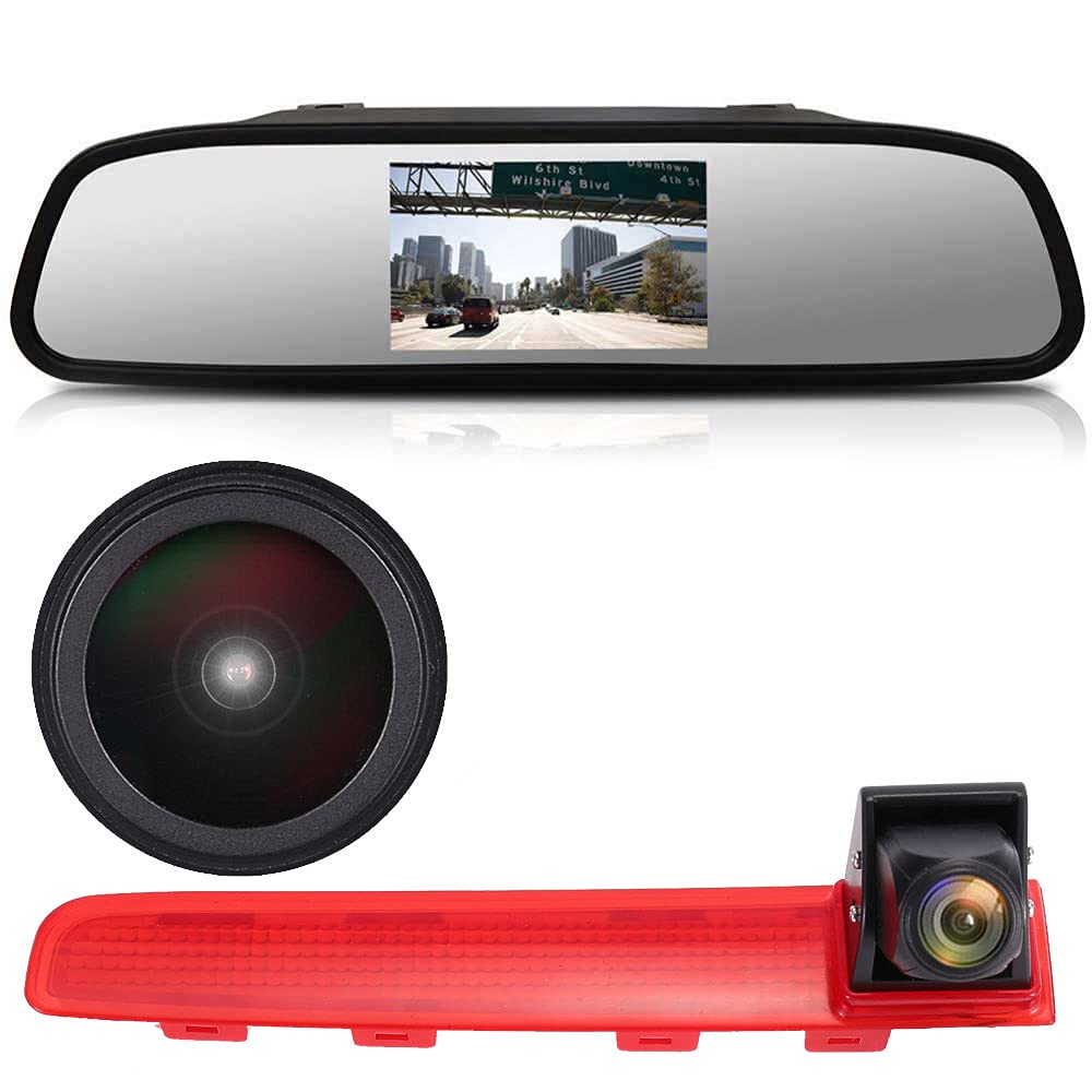 18mm lens Car Third Roof top mount brake lamp camera Brake Light Rear View Backup Camera, replacement for T5 Multivan T6 Caravelle tailgate high roof Van Business MPV (With 4.3 inch rearview mirror)