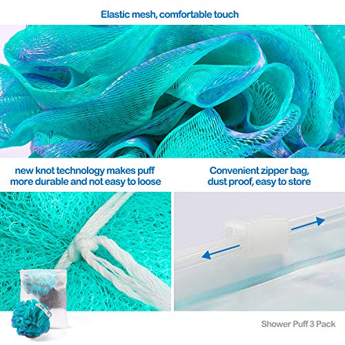 Fuxury 4 pcs Bath Sponges Shower Loofah Swirls Color Set, 3 pcs 75g Mesh Pouf + 1 pcs 20g for Baby or Face Washing