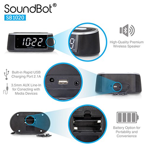 SoundBot SB1020 FM RADIO Bluetooth Wireless Speaker & Dual Alarm Clock for Music Streaming w/FM Tuner, 2.1A USB Charging Output, 3.5mm AUX Line-In, LED Night Light