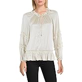 BCBGMAXAZRIA Women's Relaxed Ruffle Blouse Long Bishop Sleeve Notched V Neck Top