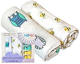 Organic Muslin Swaddle Blankets & Stroller Clips - My Tiny Tot - Owls and Bees - X-Large - Multifunctional Receiving Blanket, Perfect for Boys or Girls, 2 Pack