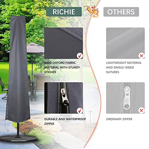 RICHIE Garden Parasol Cover for Garden Umbrella Covers Fit 2.5 to 4m Diameter Parasols 190x25x50cm Waterproof 600D Oxford PVC Coating with Heavy-duty Zip and Adjustable Drawstring Cord at Bottom, Grey