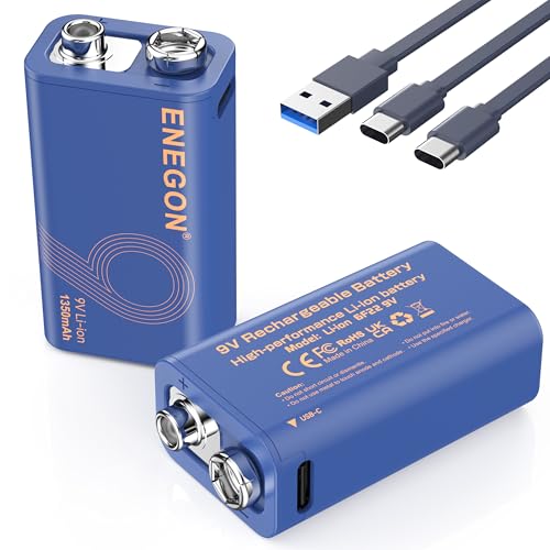 ENEGON 9V Rechargeable Battery 5000mWh (1350mAh) with Type-C Charging, Fully Charged in 3 Hours, LED Indicator, High-Capacity Li-Ion Battery