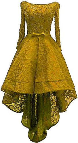 Women's Scoop Long Sleeves Prom Dresses High Low Beaded Party Dress Gold 18