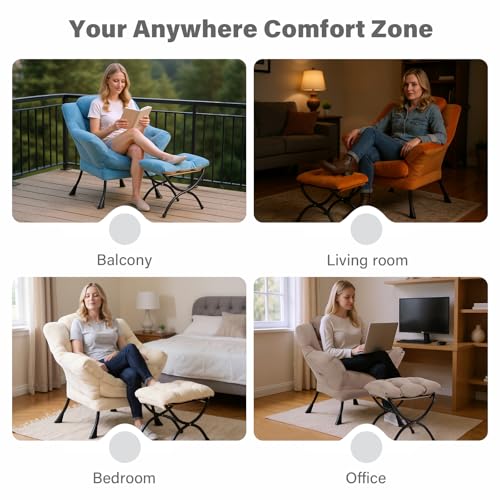 Tiita Lazy Chair with Ottoman, Beige Modern Large Accent Chair, Comfy Leisure Sofa Armchair with Ottoman, Reading Chair with Footrest for Bedroom, Living Room, Dorm Rooms, Velvet Beige