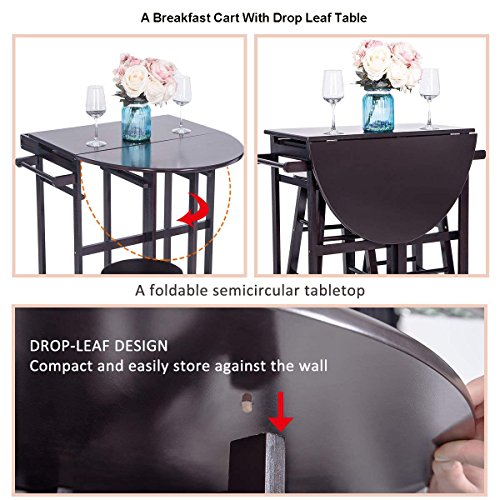 Breakfast Cart With 2 Stools,JULYFOX Drop Leaf Kitchen Island With Seating Chairs Wheels Storage Drawers Tower Rack Counter Height Tall Pub Bar Table Set 3 Piece Espresso For Small Spaces