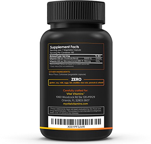 Vitamin K2 (MK7) with D3 Supplement - Vitamin D & K Complex - Bone and Heart Health Formula - 5000 IU Vitamin D3 & 90 mcg Vitamin K2 MK-7-60 Small & Easy to Swallow Vegetable Capsules