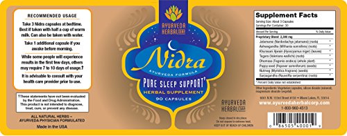 100% All Natural Herbal Formulation that Provides Pure Sleep Support. Nidra Sets the Stage for a Good Night’s Sleep by Relaxing and Calming the Mind and Body.