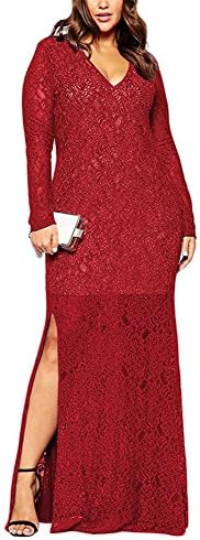 Sugarwewe Sexy Deep V Lace Long Sleeve Side Split Maxi Cocktail Party Dress Plus Wine 8XL