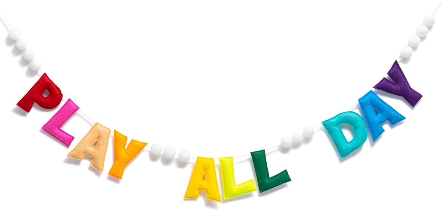 Pre-Strung Rainbow Play All Day Felt Banner Reusable Plays Sign Plays All Day Wall Hanging Felt Garland for Playroom Wall Decor Playhouse Toy Room Classroom Decoration — image 1