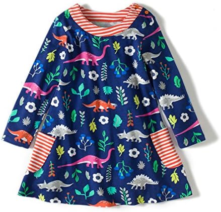 Girls Cotton Long Sleeve Shirt Dress Dinosaur
