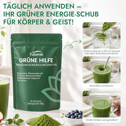 Green Detoxification Powder, 200 g Green Superfood Helper Powder, Vegan Greens Powder Helper Mix with Matcha, Barley Grass, Blueberries, Rich in Macronutrients, Micronutrients & Fibre