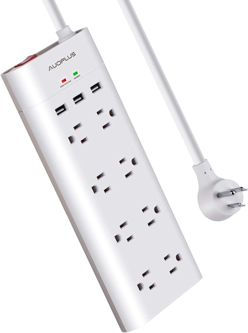 Power Strip with USB, AUOPLUS Grounded Surge Protector with 8 Outlets and 3 USB Ports[Flat Plug/Wall Mountable] 6FT Extension Cord, Desktop Charging Station for Computer Laptops Smartphone Home Office: Electronics